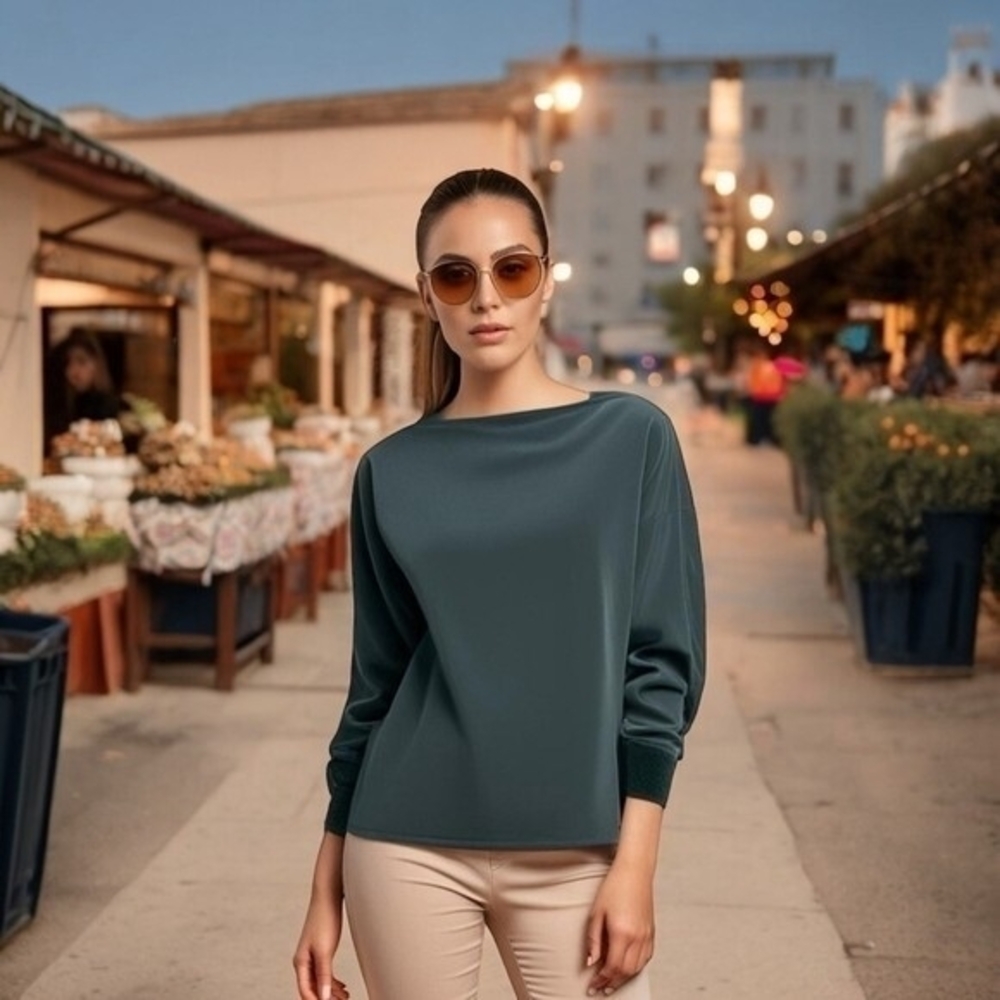 ZARA Trafaluc Womens Sweatshirt L Green Crewneck Faux Fur Trim Long Sleeve VG